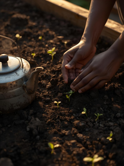 Hands planting a small seedling in a raised bed beside a watering can.