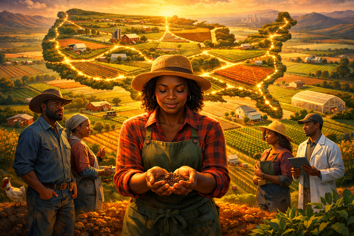 Illustration of a gardener holding a harvest, with other growers and patchwork fields behind her.