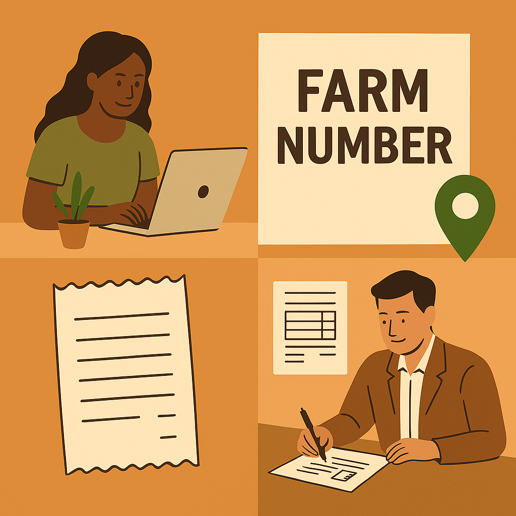 Four-panel “Farm Number” illustration showing a person at a laptop, a location pin, paperwork, and an office meeting.