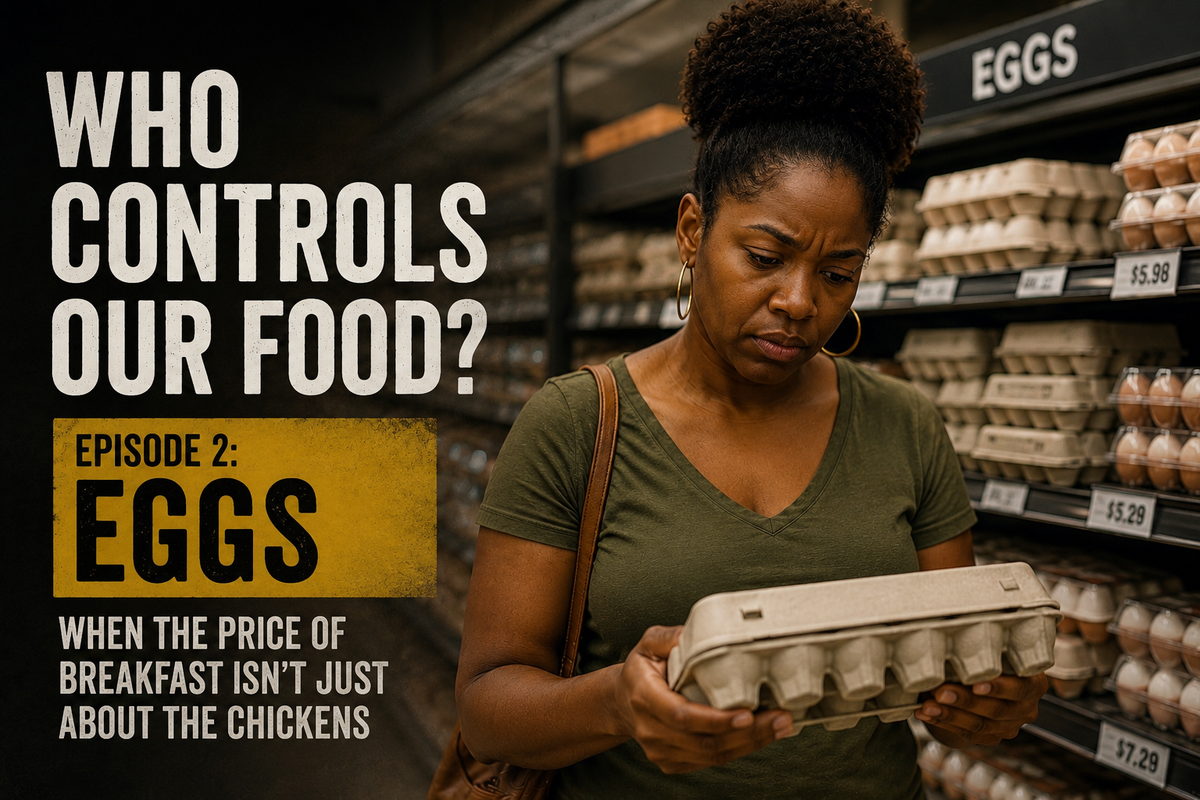 A shopper examining an egg carton beside “Who Controls Our Food? Episode 2: Eggs—When the Price of Breakfast Isn’t Just About the Chickens”.