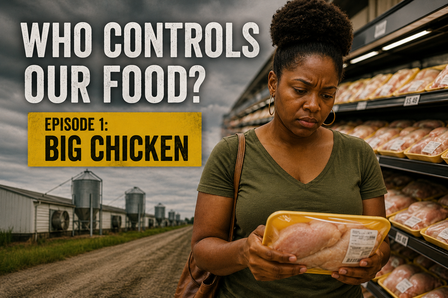 A shopper examining packaged chicken beside “Who Controls Our Food? Episode 1: Big Chicken,” with poultry facilities in the background.