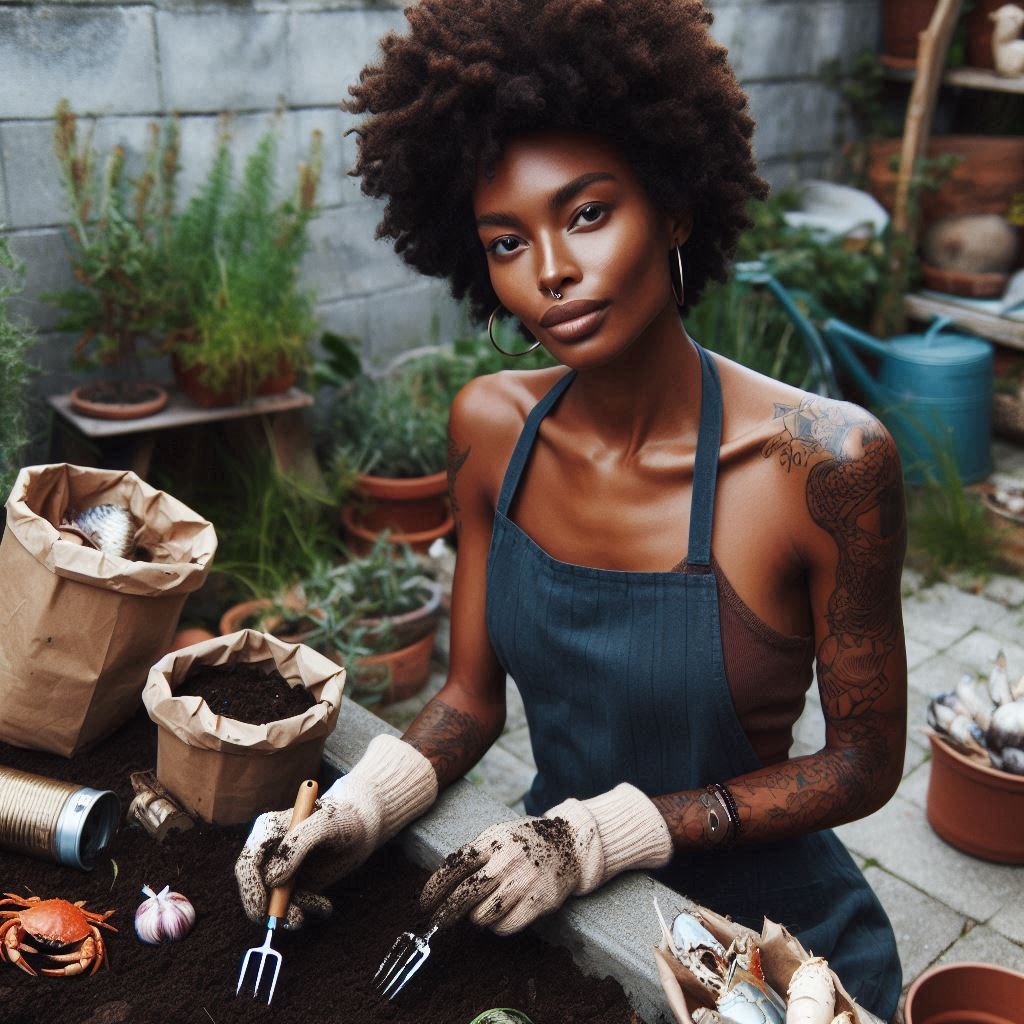 Illustration of a gardener at a potting table with shells, bags, pots, and hand tools.
