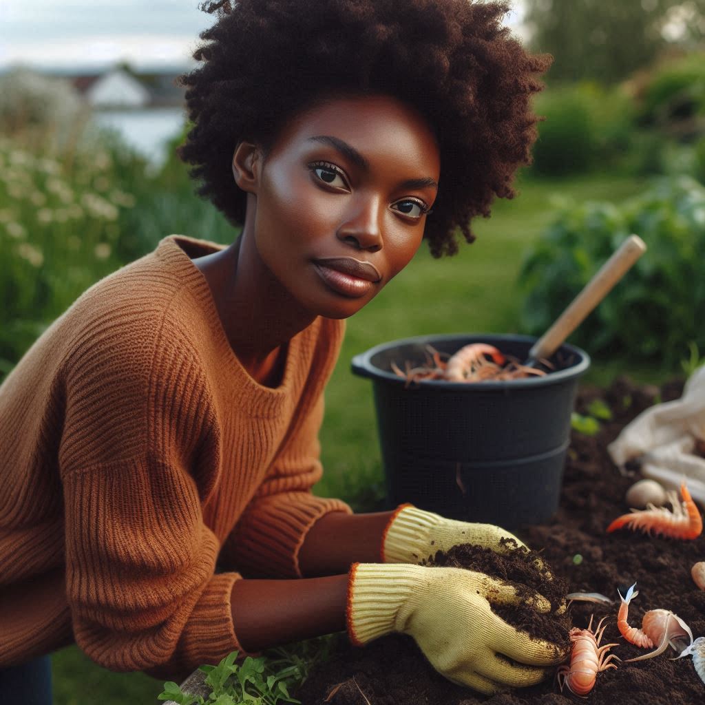 Illustration of a gardener in gloves working with soil and crab shells.