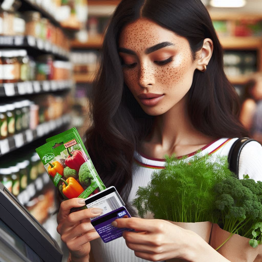 Illustration of a shopper holding a seed packet, payment card, and leafy plant at a checkout.