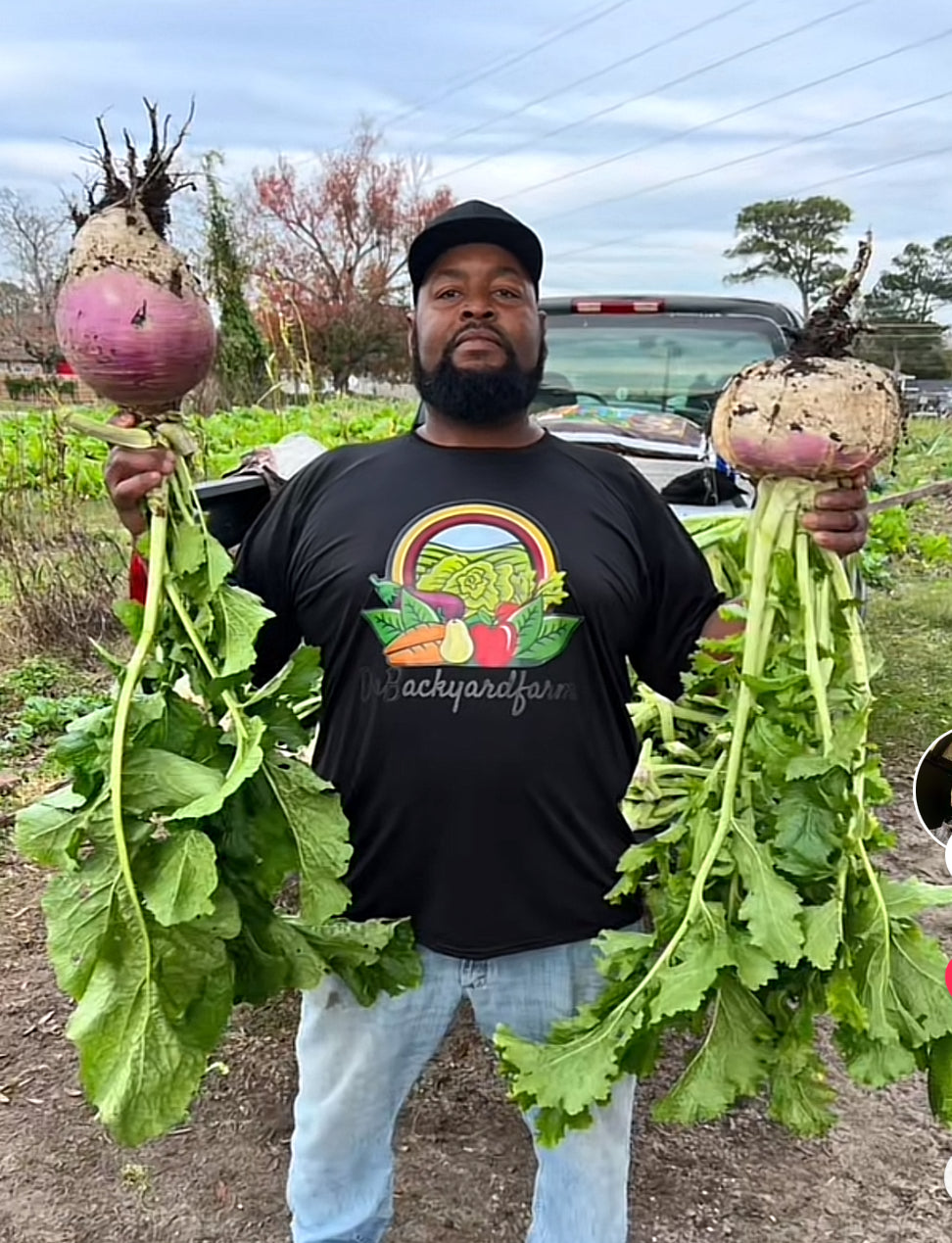 A gardener holding two large harvested root vegetables with leafy tops.