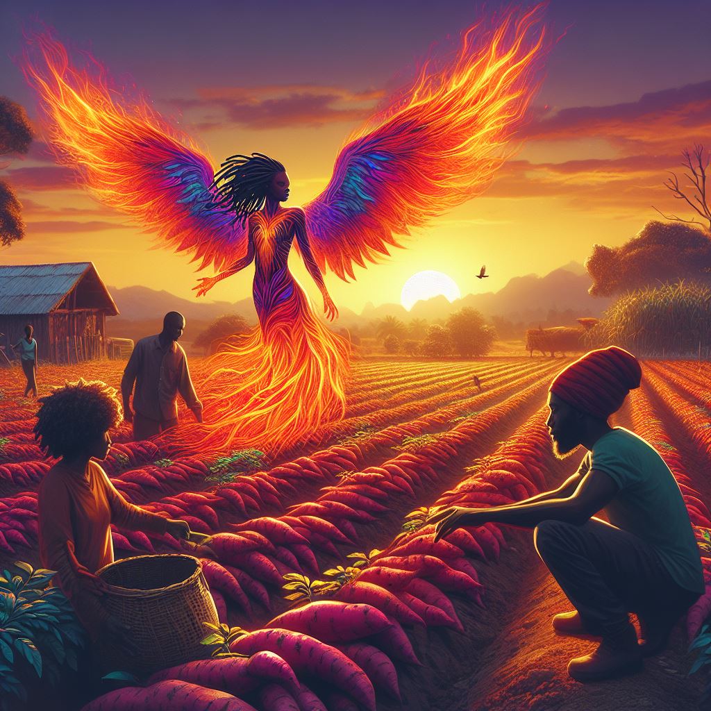 Illustration of a fiery phoenix rising over cultivated fields and people tending crops at sunset.