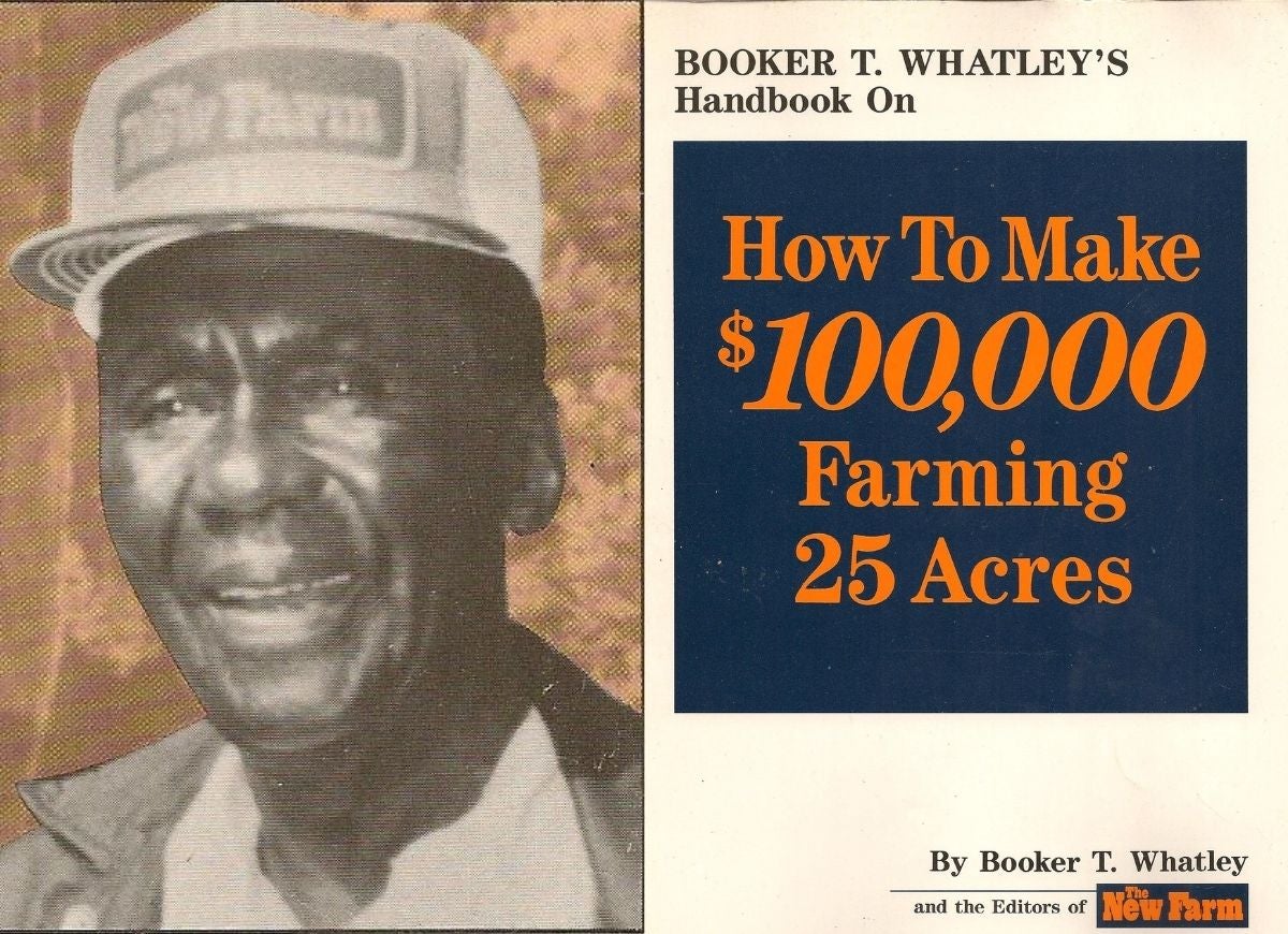 Booker T. Whatley portrait beside his handbook “How to Make $100,000 Farming 25 Acres”.