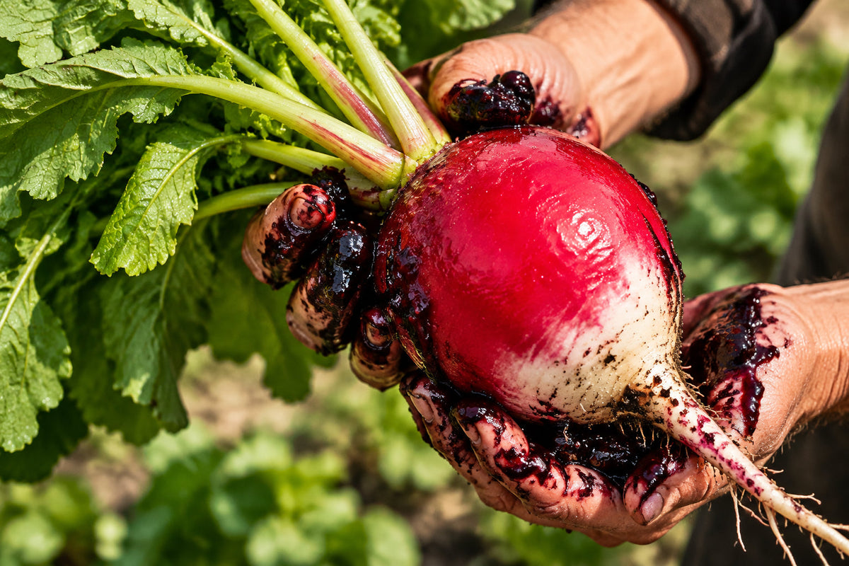 Soil-covered hands holding a freshly harvested red-and-white radish.
