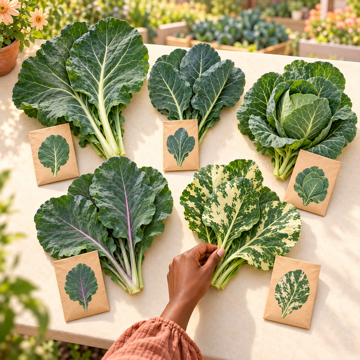 Five distinct collard varieties arranged for a gardener choosing which greens to grow