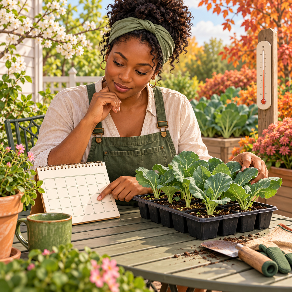 Black gardener comparing a seasonal calendar, outdoor temperature, and collard seedlings