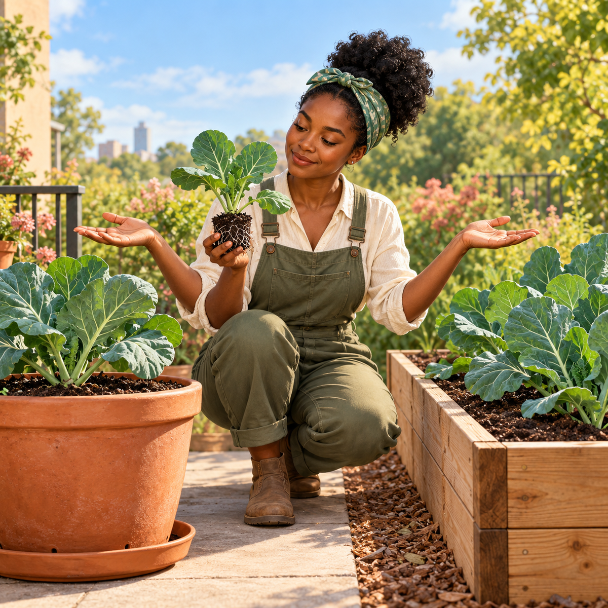 Black gardener choosing between a large container and a raised bed for a collard transplant