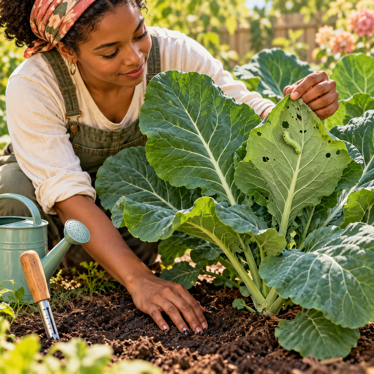 Black gardener checking collard soil moisture and inspecting the underside of a leaf for caterpillar damage
