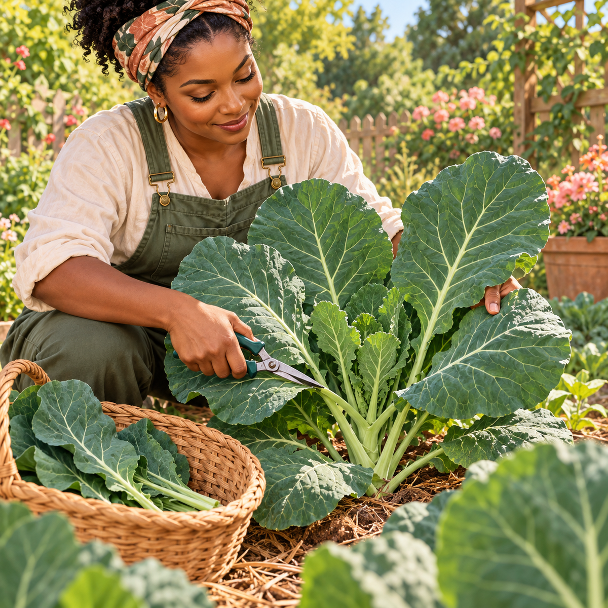 Black gardener harvesting mature outer collard leaves while leaving the growing center intact