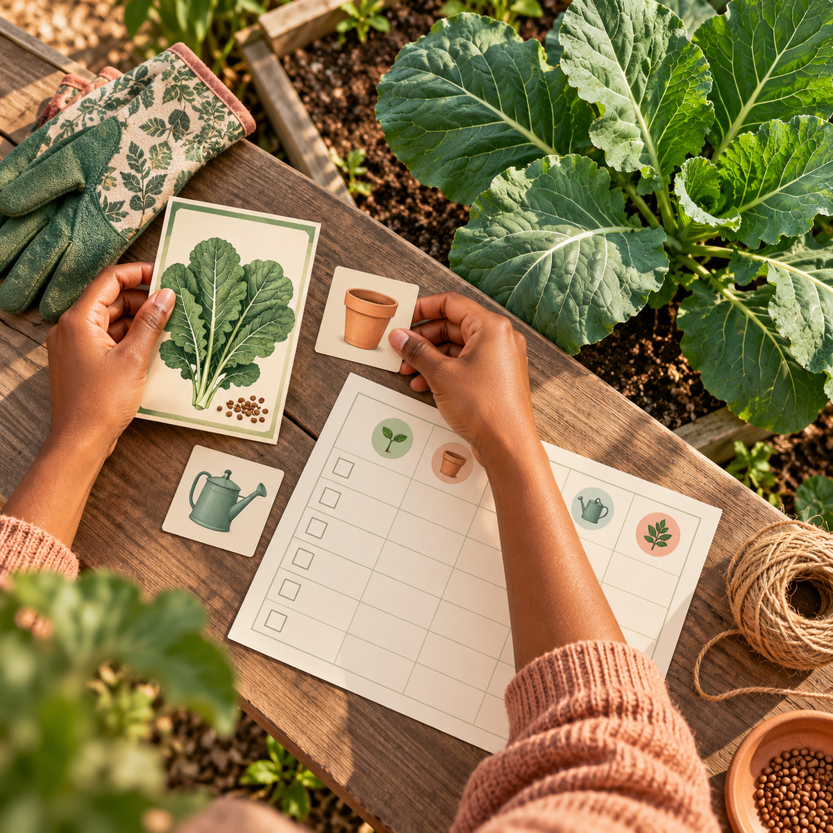 Black gardener arranging collard seeds, pot and watering icons, and a simple weekly growing plan