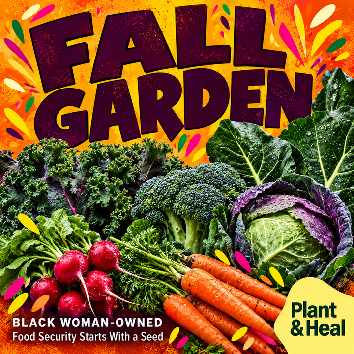 Plant & Heal “Fall Garden” graphic with broccoli, cabbage, carrots, and radishes; “Black Woman-Owned” and “Food Security Starts With a Seed”.