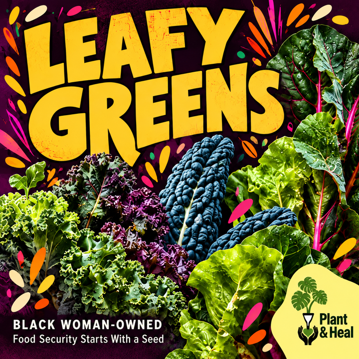 Plant & Heal “Leafy Greens” graphic with kale, chard, and lettuce; “Black Woman-Owned” and “Food Security Starts With a Seed”.