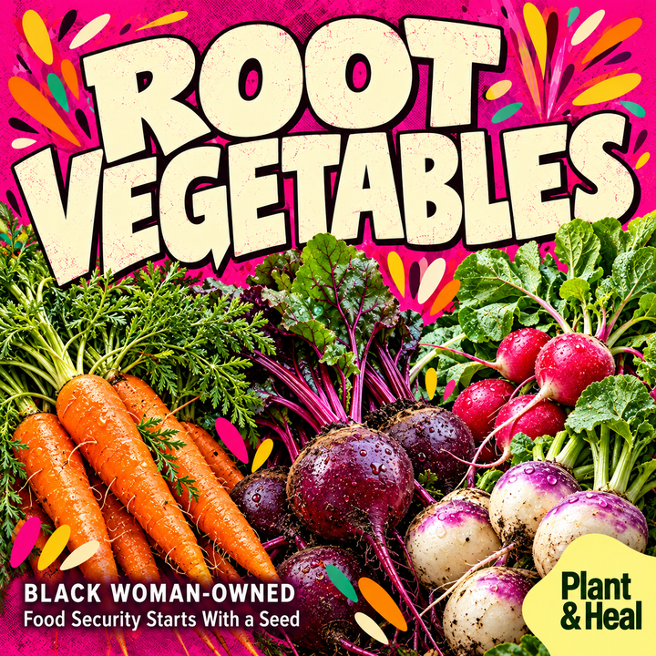 Plant & Heal “Root Vegetables” graphic with carrots, beets, radishes, and turnips; “Black Woman-Owned” and “Food Security Starts With a Seed”.