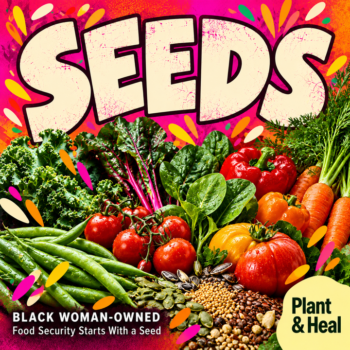 Plant & Heal “Seeds” graphic with vegetables and loose seeds; “Black Woman-Owned” and “Food Security Starts With a Seed”.