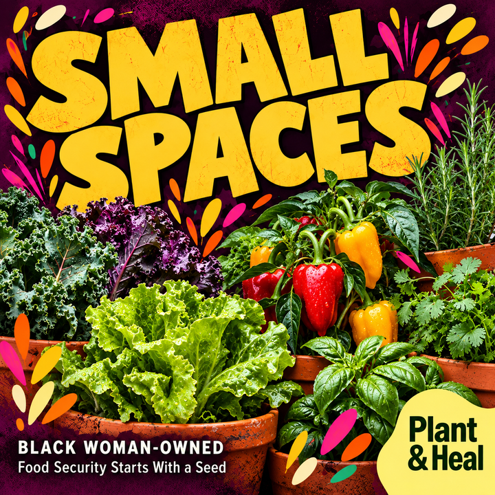 Plant & Heal “Small Spaces” graphic with leafy vegetables and peppers; “Black Woman-Owned” and “Food Security Starts With a Seed”.
