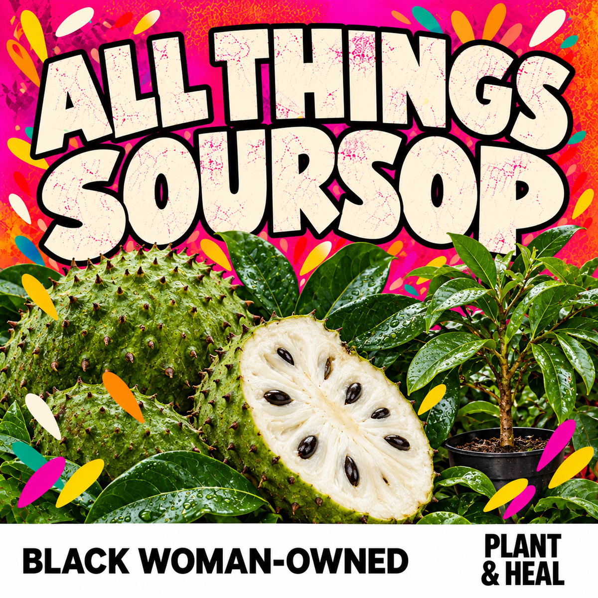 All Things Soursop collection cover with cream lettering, pink and orange background, botanical imagery and Plant & Heal branding.