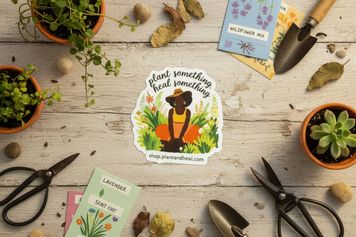Sticker illistration of a person sitting in nature with text 'plant something heal something' and a website URL.