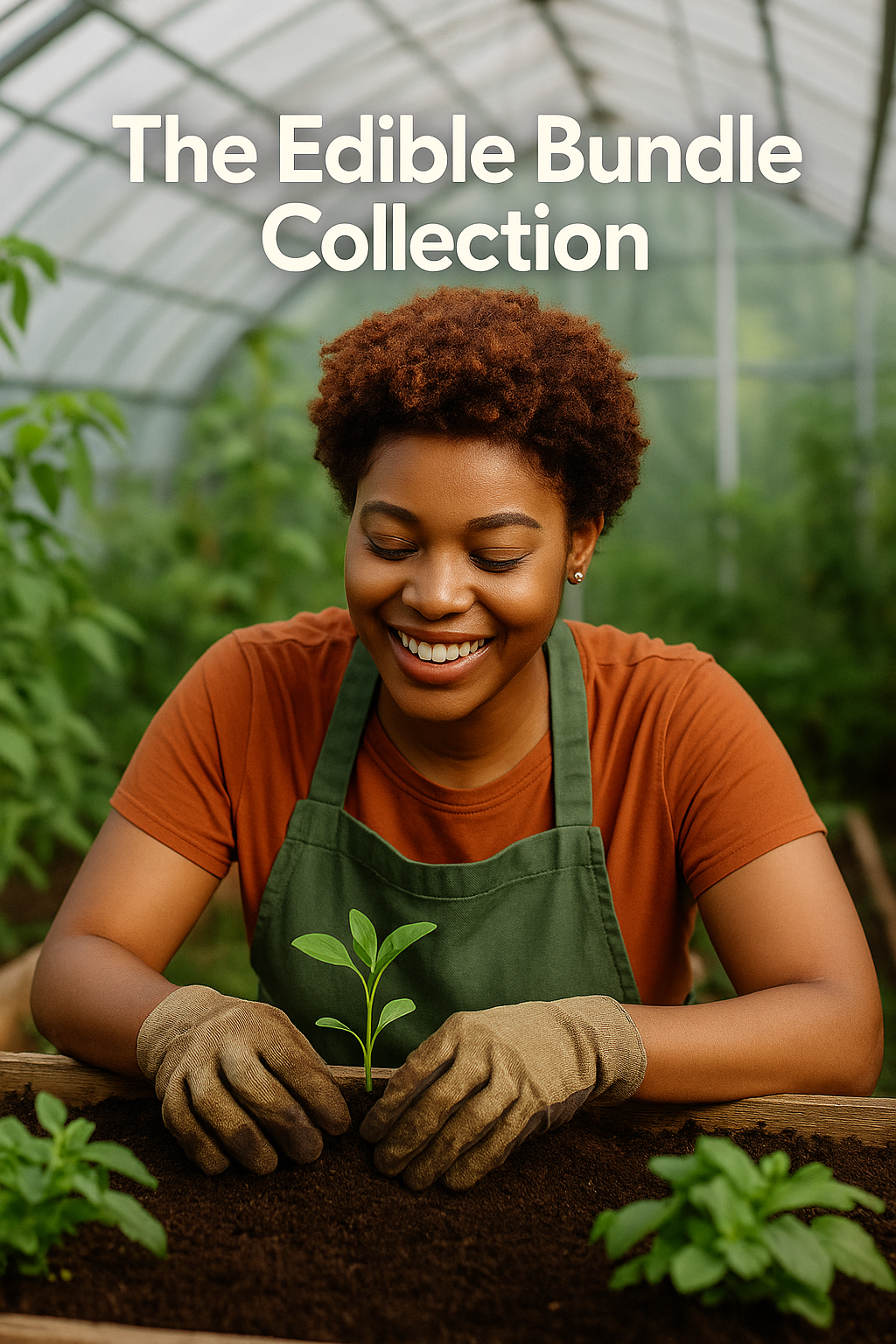 A smiling gardener tending a seedling beneath the words “The Edible Bundle Collection” — from BlackOwnedSeeds.com.