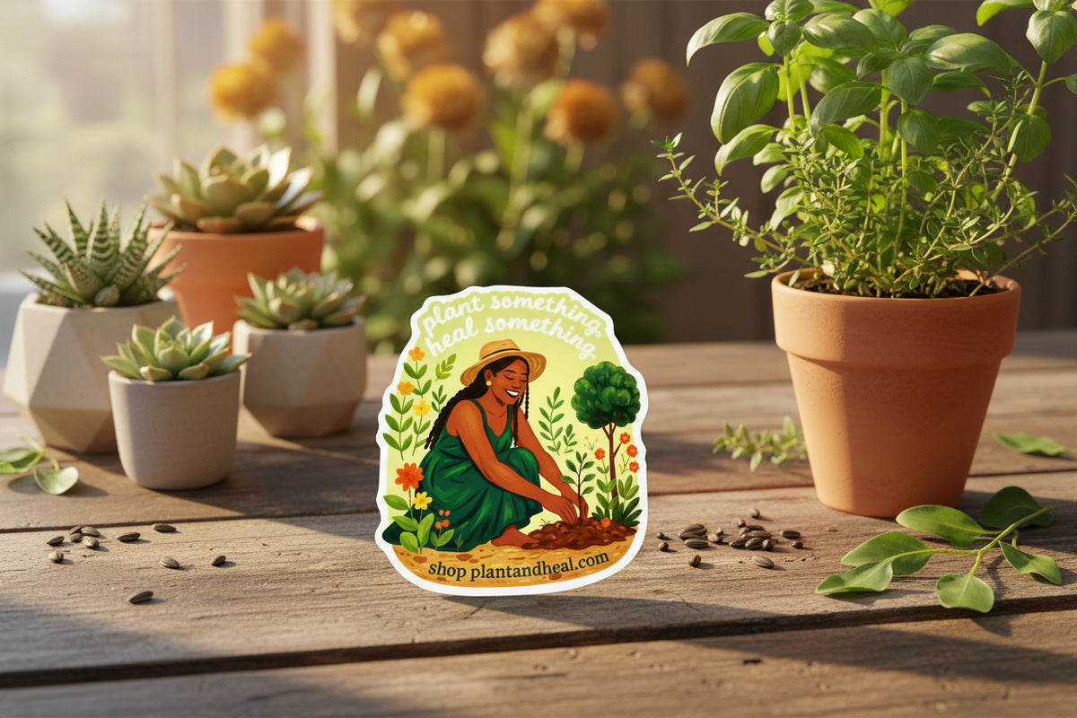Plant Something, Heal Something — Kneeling Gardener Vinyl Sticker