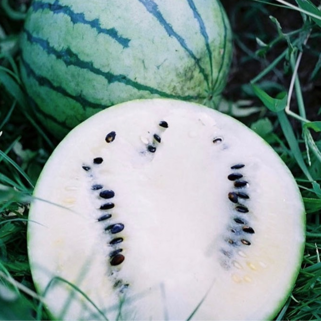 A watermelon half with creamy white flesh and dark seeds beside a whole striped melon.