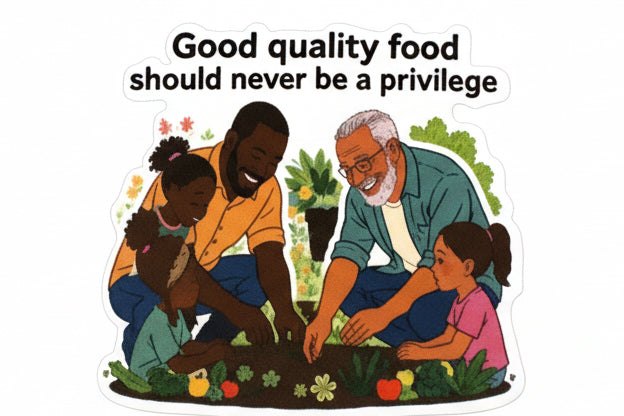 Sticker with a family scene and text on a beige background