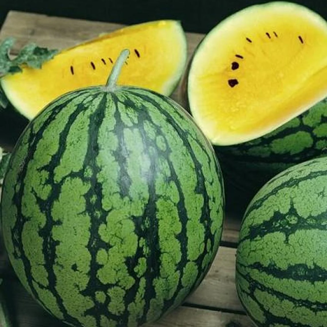 Whole green-striped Early Moon Beam watermelons beside yellow-fleshed wedges — from BlackOwnedSeeds.com.