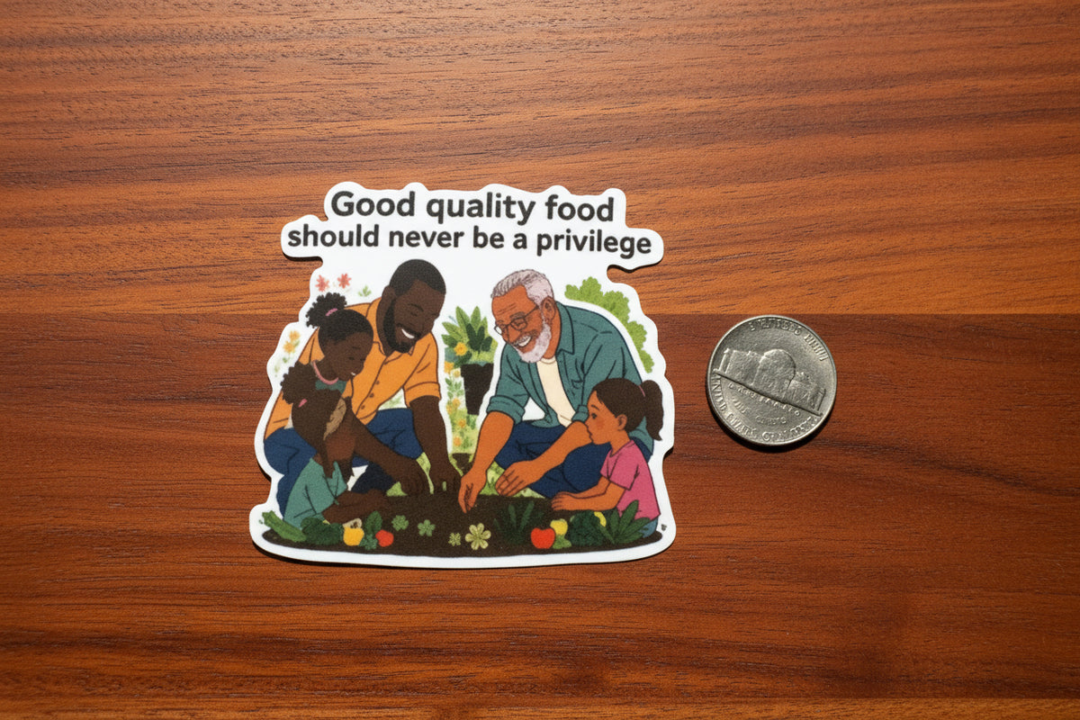 Sticker with a family scene and text on a cherrywood background