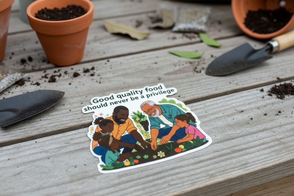 Sticker with a family scene and text on a potting table
