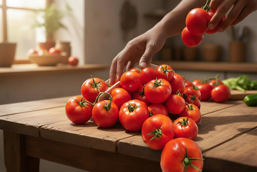 Hands arranging a pile of red tomatoes on a wooden kitchen table.