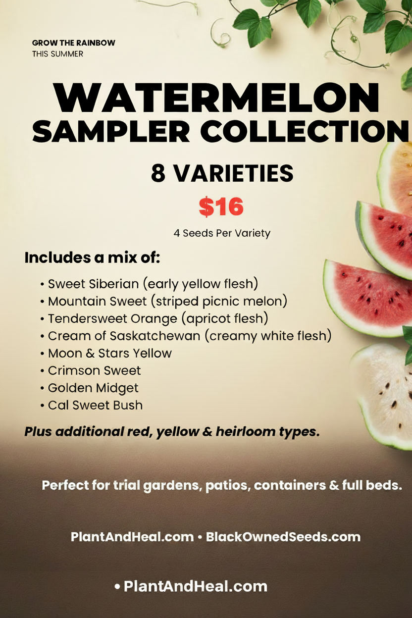 Watermelon Sampler Collection graphic: 8 varieties, $16, 4 seeds per variety. Lists Sweet Siberian, Mountain Sweet, Tendersweet Orange, Cream of Saskatchewan, Moon & Stars Yellow, Crimson Sweet, Golden Midget, and Cal Sweet Bush, plus additional red, yellow, and heirloom types. Suggested for trial gardens, patios, containers, and full beds. PlantAndHeal.com and BlackOwnedSeeds.com.