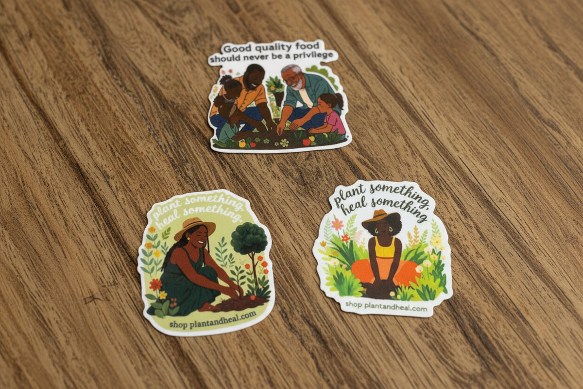 Three stickers with illustrations of people gardening and text on a brown background