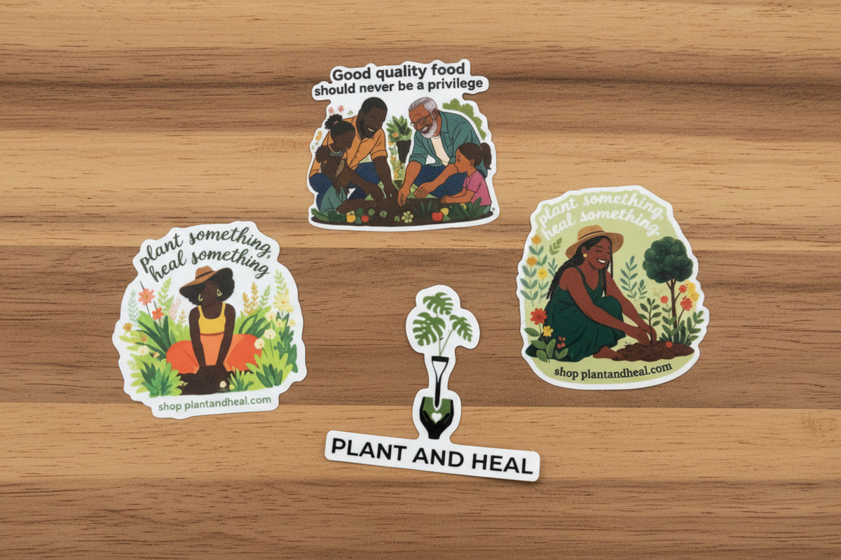 The four original Plant & Heal sticker designs included in the twelve-sticker collection