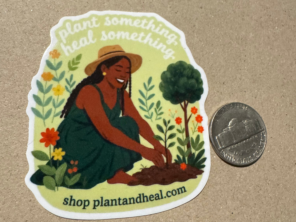 Sticker of a person holding a tree with a coin for scale on a brown background