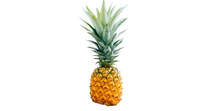 A golden pineapple with a spiky green crown against a black background.