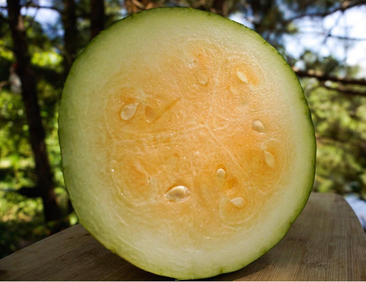 A halved watermelon showing pale yellow flesh and a ring of seeds.