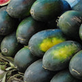 A pile of dark green watermelons, several with yellow ground spots — from BlackOwnedSeeds.com.
