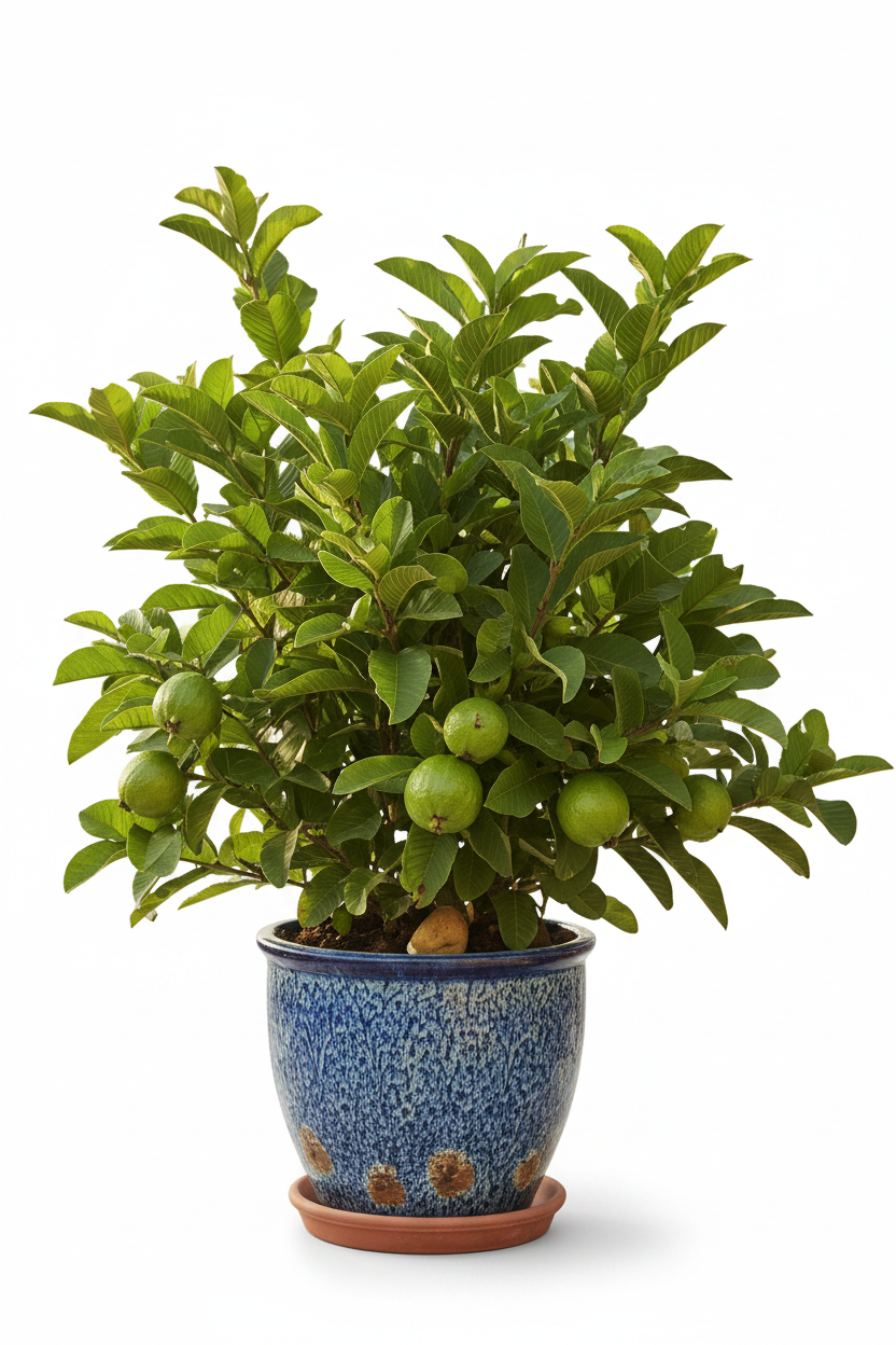 A bushy guava plant bearing green fruit in a blue decorative pot.