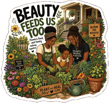Black family tending a flower-filled front-yard garden