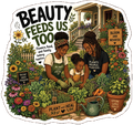 Black family tending a flower-filled front-yard garden