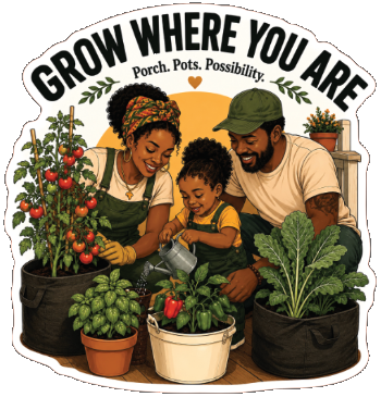Black family growing vegetables in containers