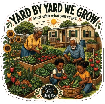 Black family working together in a backyard vegetable garden