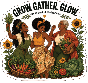 Three Black women celebrating together with garden harvests