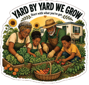 Black grandparents and children harvesting vegetables together