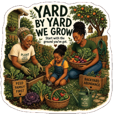Black grandmother, mother, and child tending a vegetable bed