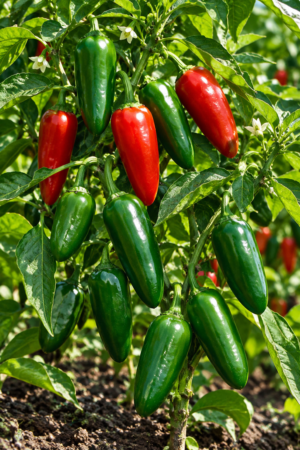 Red and green jalapeño peppers growing among green leaves — from BlackOwnedSeeds.com.