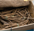 Long, thin burdock roots bundled inside a burlap-lined wooden box — from BlackOwnedSeeds.com.